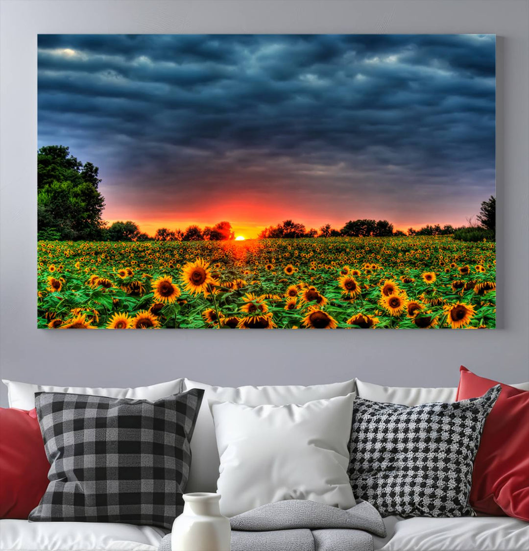 Sunflower Field Sunset Canvas Wall Art Print - Vibrant Landscape with Dramatic Sky Print for Living Room, Farmhouse, Office, Ready to Hang Wall Decor