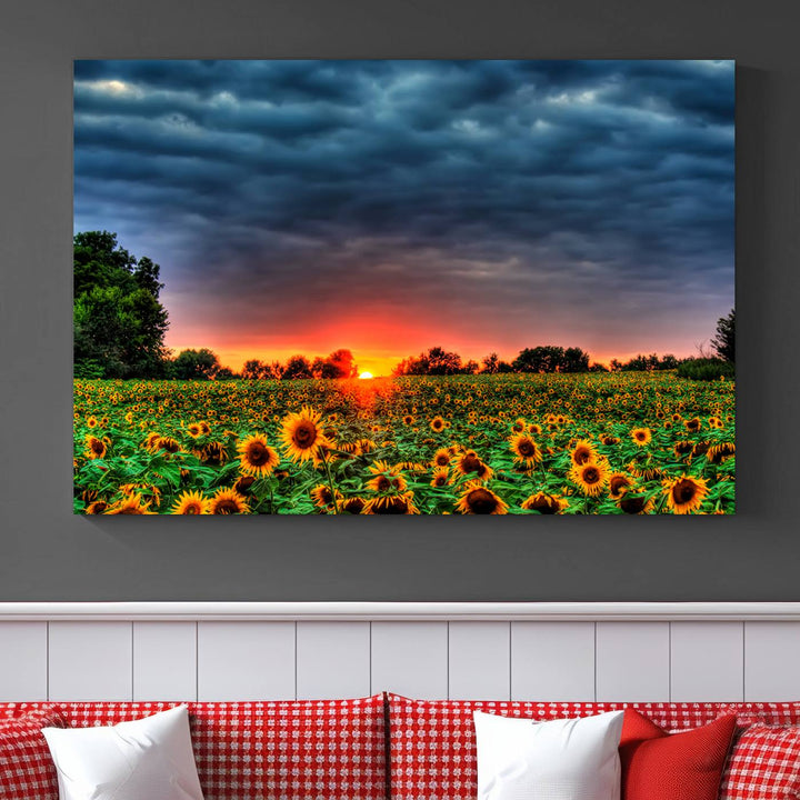 Sunflower Field Sunset Canvas Wall Art Print - Vibrant Landscape with Dramatic Sky Print for Living Room, Farmhouse, Office, Ready to Hang Wall Decor