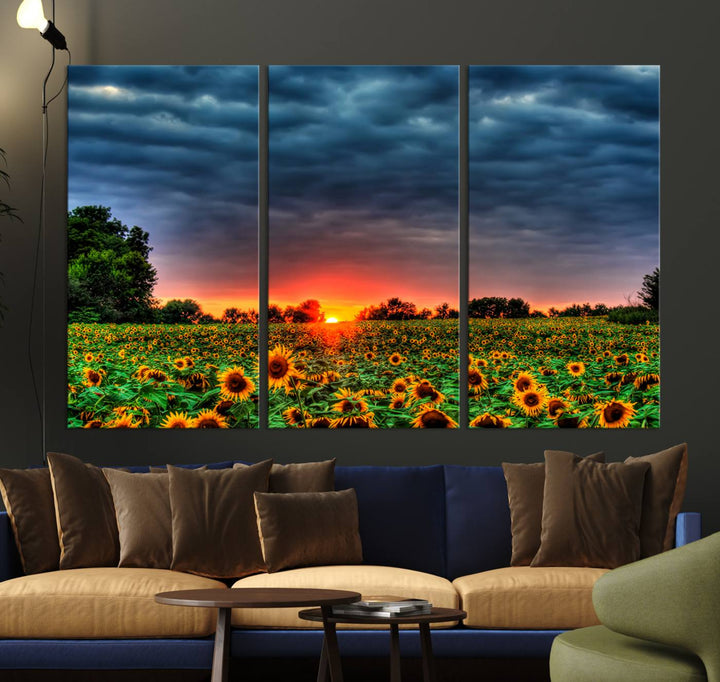 Sunflower Field Sunset Canvas Wall Art Print - Vibrant Landscape with Dramatic Sky Print for Living Room, Farmhouse, Office, Ready to Hang Wall Decor