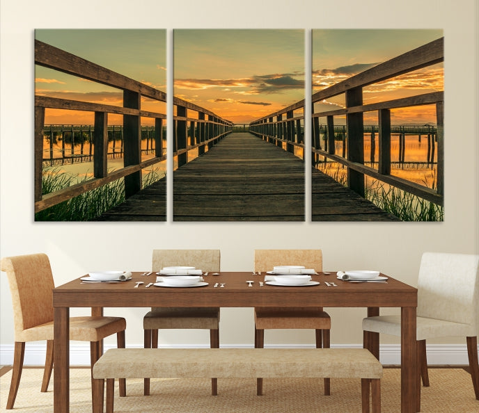 Sunset and Wood Bridge Nature Landscape Large Wall Art Canvas Giclee Print