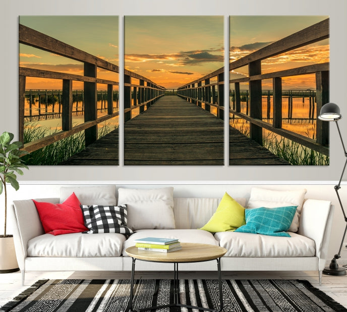 Sunset and Wood Bridge Nature Landscape Large Wall Art Canvas Giclee Print