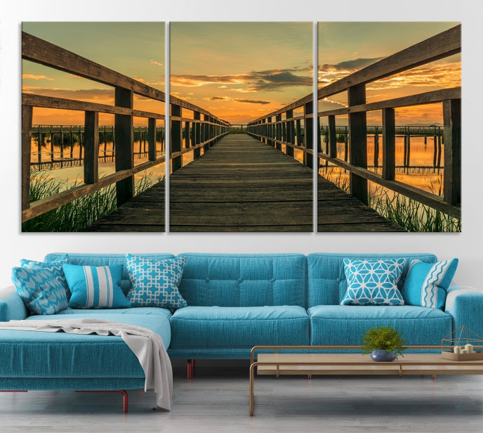 Sunset and Wood Bridge Nature Landscape Large Wall Art Canvas Giclee Print