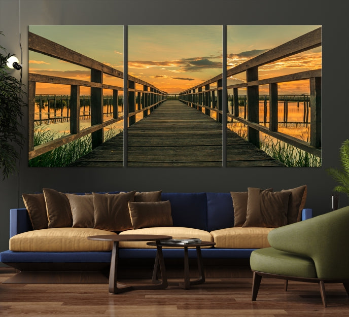 Sunset and Wood Bridge Nature Landscape Large Wall Art Canvas Giclee Print