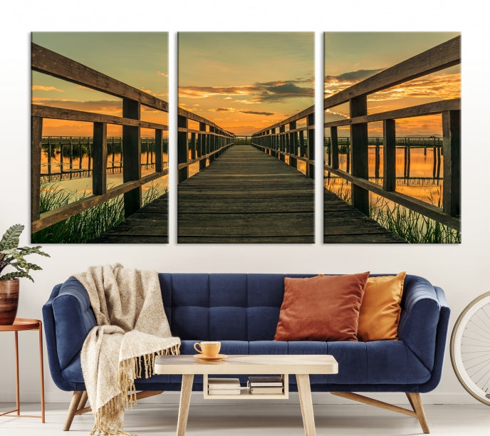 Sunset and Wood Bridge Nature Landscape Large Wall Art Canvas Giclee Print