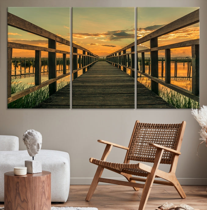 Sunset and Wood Bridge Nature Landscape Large Wall Art Canvas Giclee Print