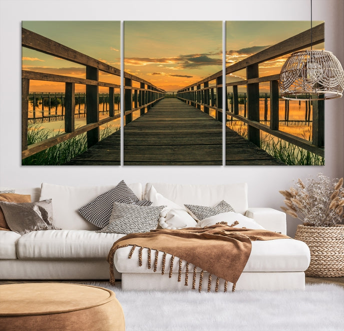 Sunset and Wood Bridge Nature Landscape Large Wall Art Canvas Giclee Print