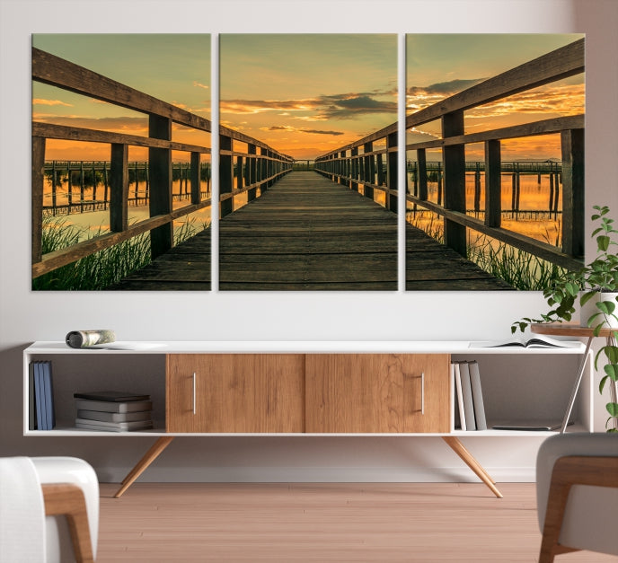 Sunset and Wood Bridge Nature Landscape Large Wall Art Canvas Giclee Print