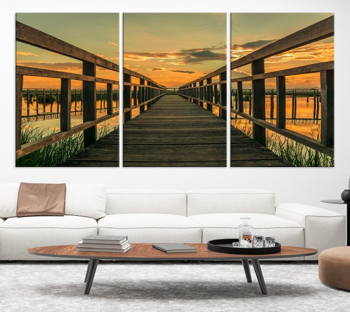 Sunset and Wood Bridge Nature Landscape Large Wall Art Canvas Giclee Print