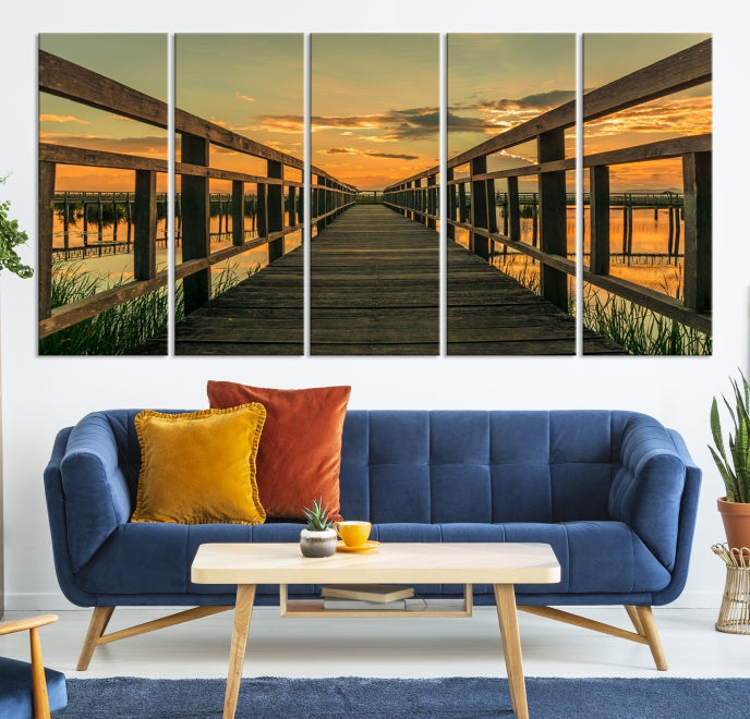 Sunset and Wood Bridge Nature Landscape Large Wall Art Canvas Giclee Print