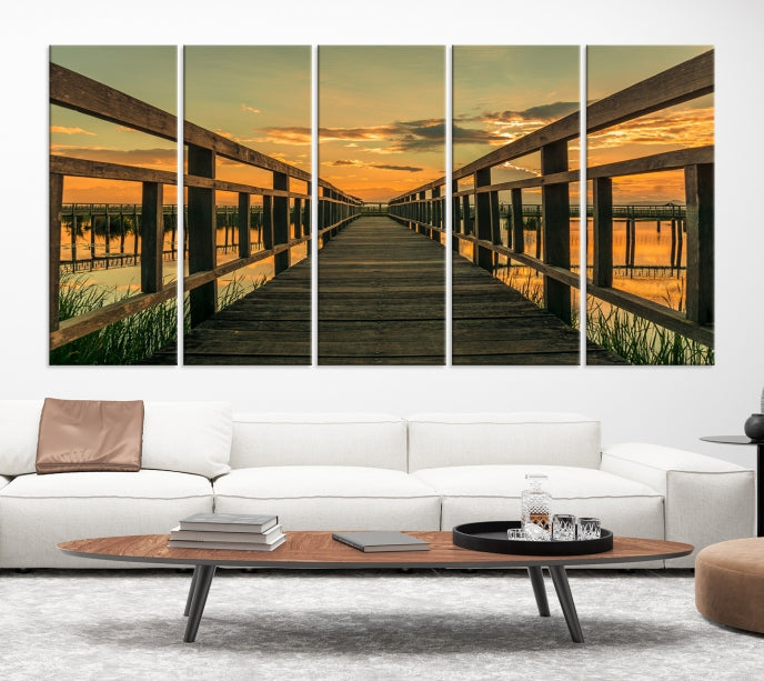 Sunset and Wood Bridge Nature Landscape Large Wall Art Canvas Giclee Print