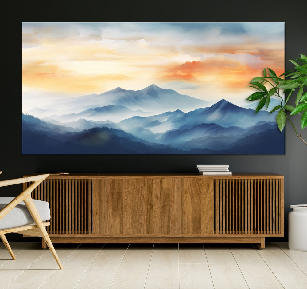 Sunset Foggy Mountain Wall Art, Abstract Landscape Canvas Print, Nature Painting, Modern Minimal Decor