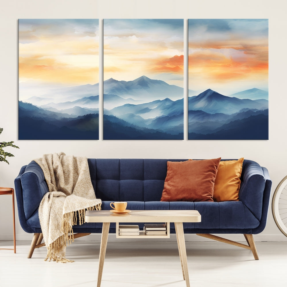 Sunset Foggy Mountain Wall Art, Abstract Landscape Canvas Print, Nature Painting, Modern Minimal Decor