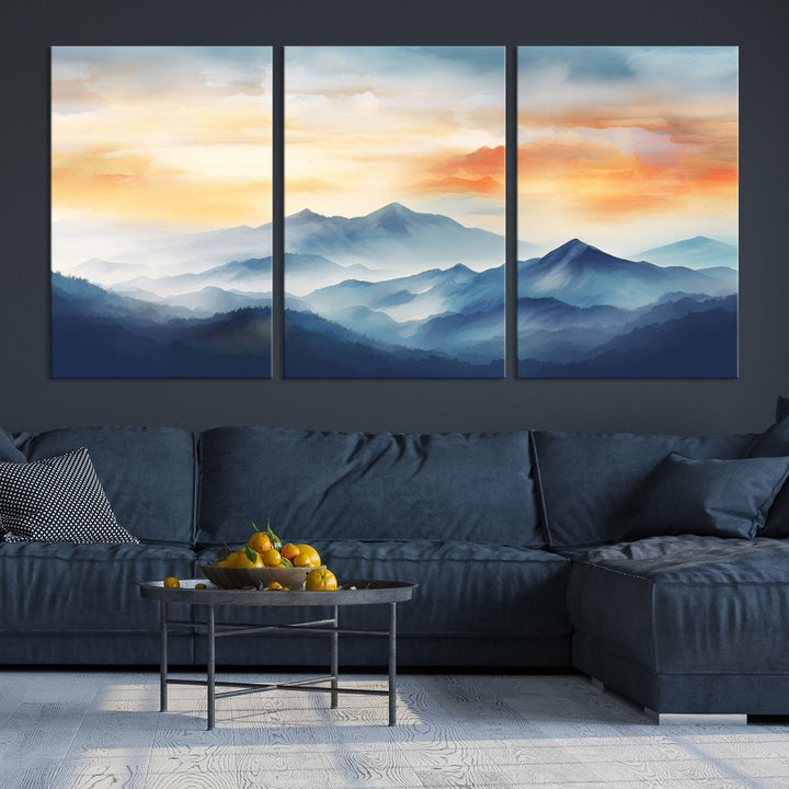 Sunset Foggy Mountain Wall Art, Abstract Landscape Canvas Print, Nature Painting, Modern Minimal Decor