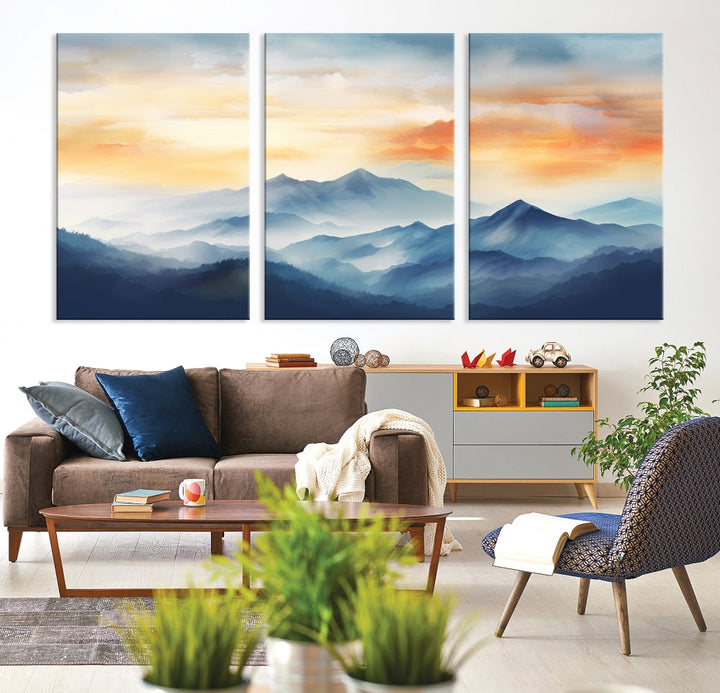 Sunset Foggy Mountain Wall Art, Abstract Landscape Canvas Print, Nature Painting, Modern Minimal Decor