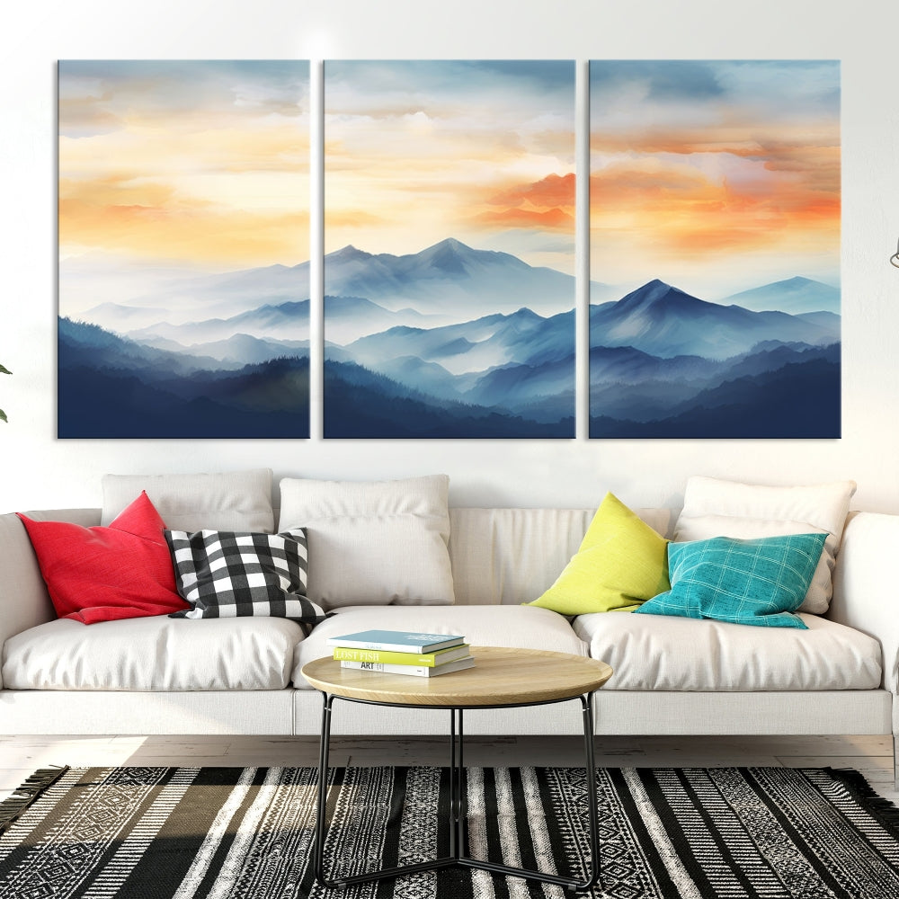 Sunset Foggy Mountain Wall Art, Abstract Landscape Canvas Print, Nature Painting, Modern Minimal Decor