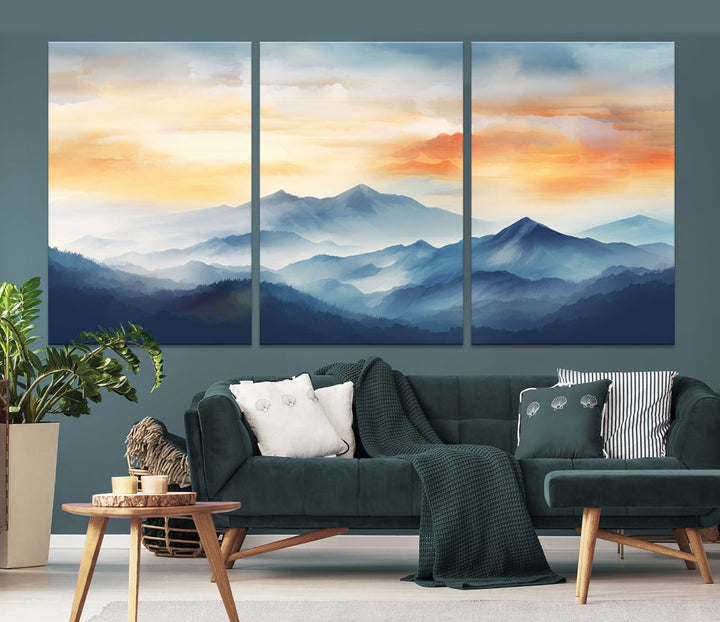 Sunset Foggy Mountain Wall Art, Abstract Landscape Canvas Print, Nature Painting, Modern Minimal Decor