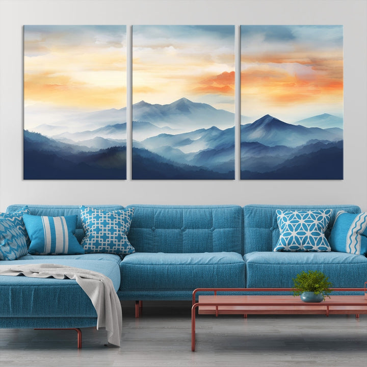 Sunset Foggy Mountain Wall Art, Abstract Landscape Canvas Print, Nature Painting, Modern Minimal Decor