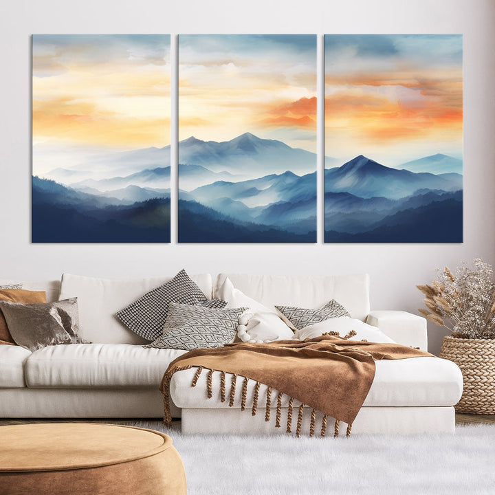 Sunset Foggy Mountain Wall Art, Abstract Landscape Canvas Print, Nature Painting, Modern Minimal Decor