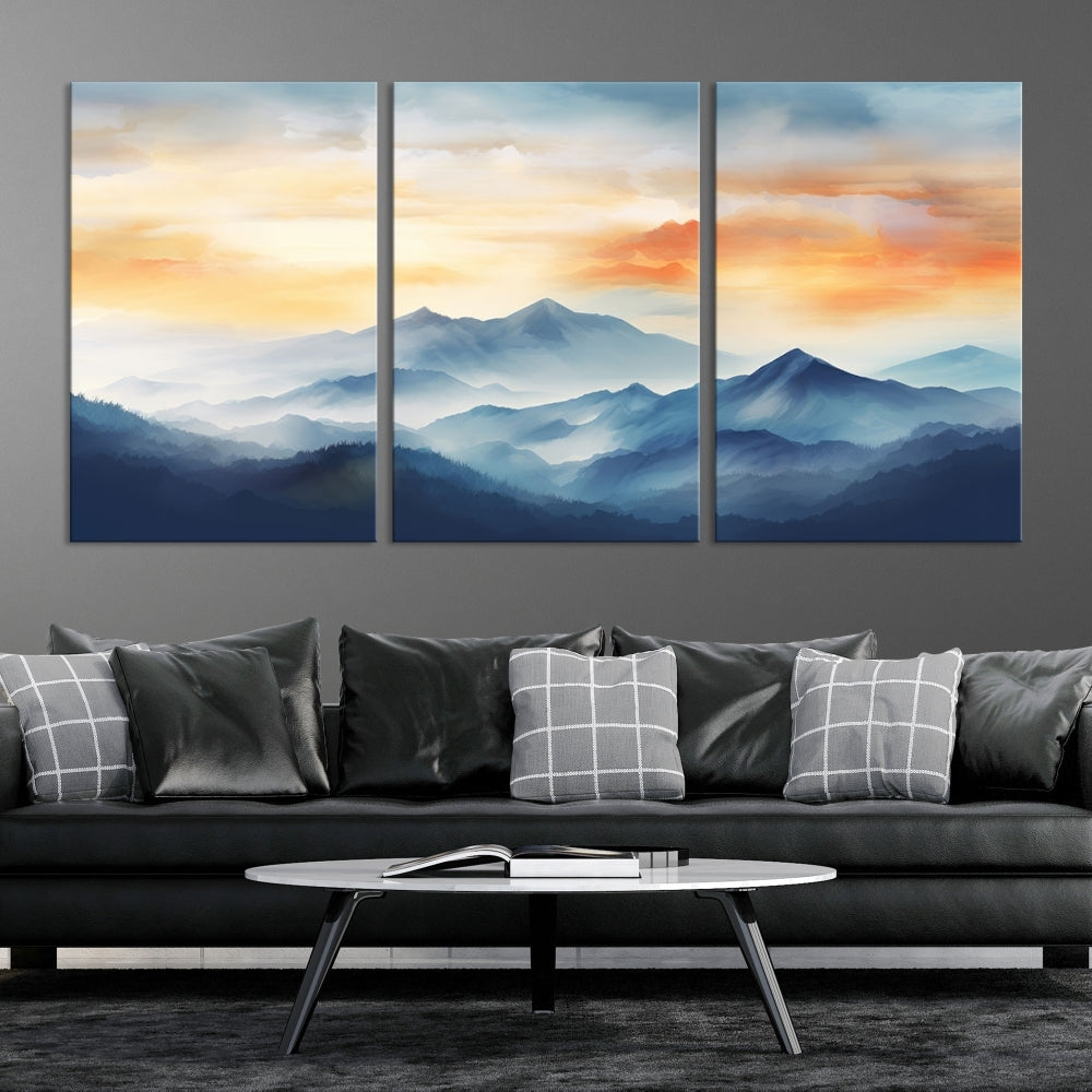 Sunset Foggy Mountain Wall Art, Abstract Landscape Canvas Print, Nature Painting, Modern Minimal Decor