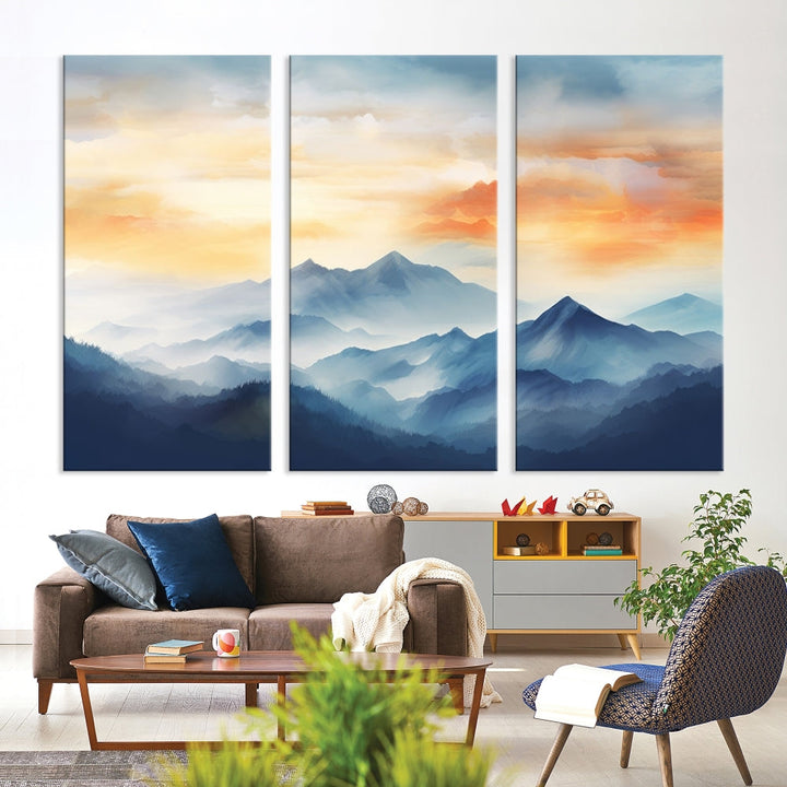 Sunset Foggy Mountain Wall Art, Abstract Landscape Canvas Print, Nature Painting, Modern Minimal Decor