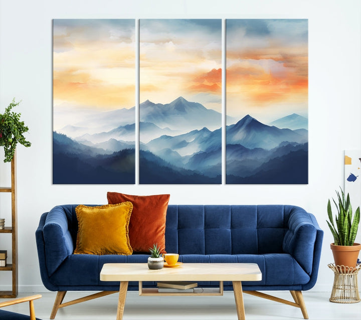 Sunset Foggy Mountain Wall Art, Abstract Landscape Canvas Print, Nature Painting, Modern Minimal Decor