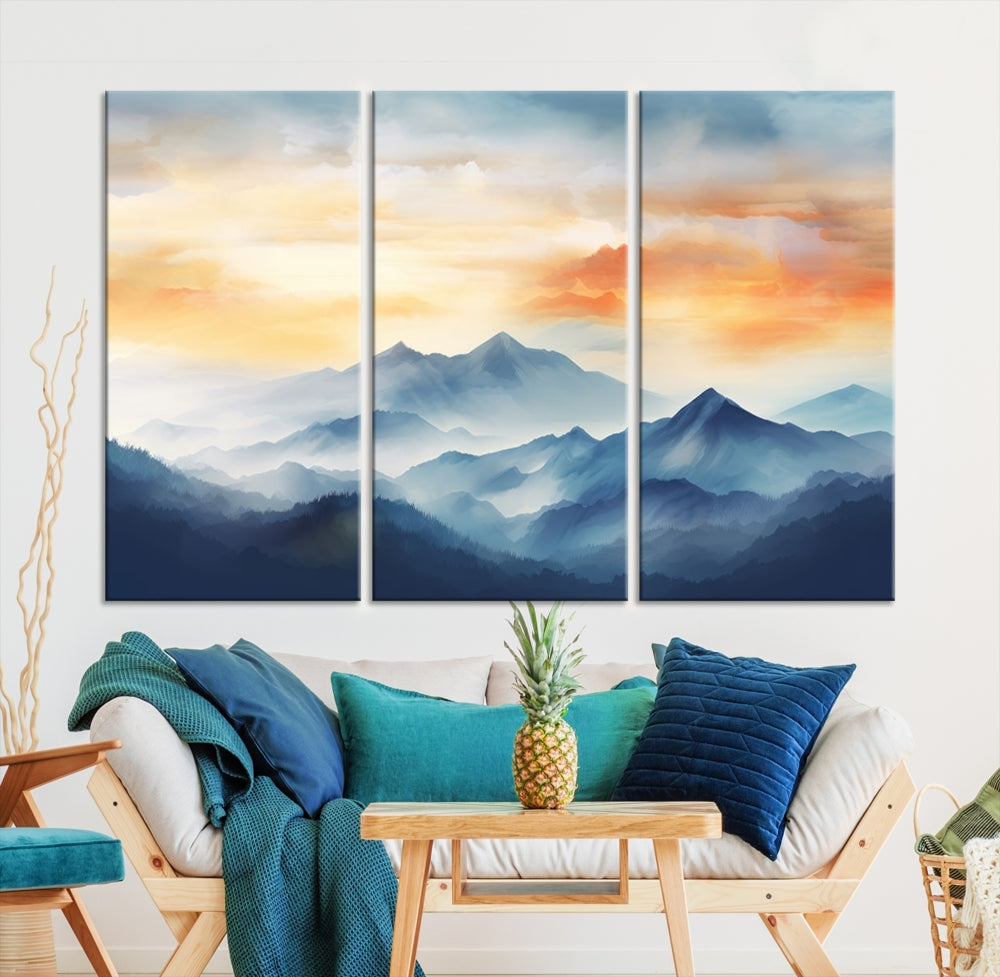 Sunset Foggy Mountain Wall Art, Abstract Landscape Canvas Print, Nature Painting, Modern Minimal Decor