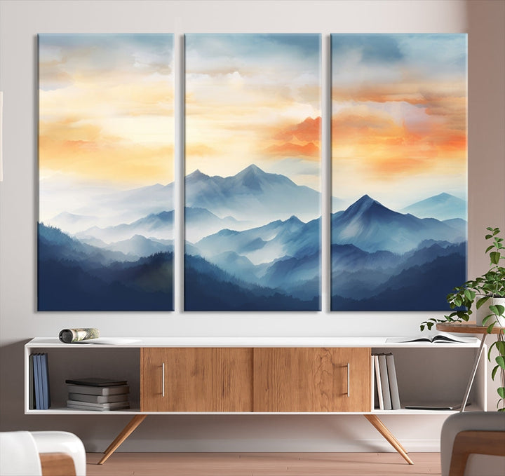 Sunset Foggy Mountain Wall Art, Abstract Landscape Canvas Print, Nature Painting, Modern Minimal Decor