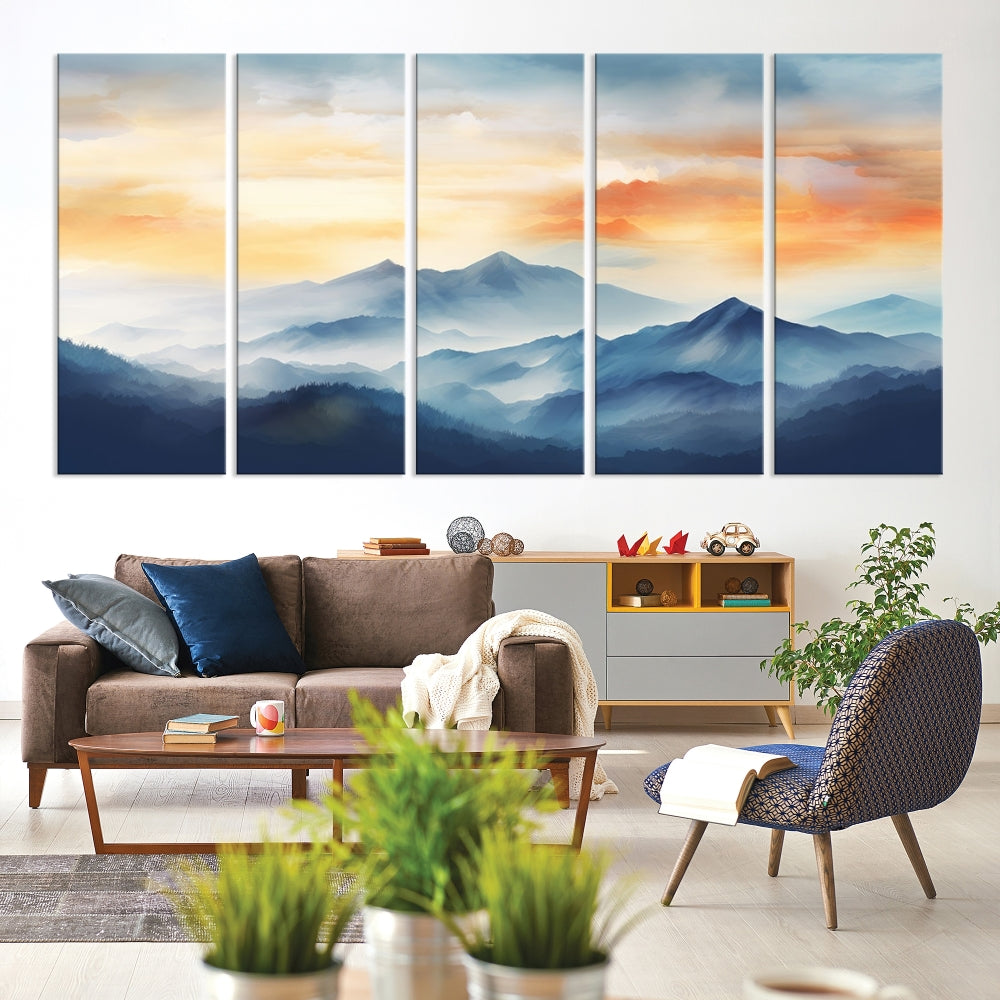 Sunset Foggy Mountain Wall Art, Abstract Landscape Canvas Print, Nature Painting, Modern Minimal Decor