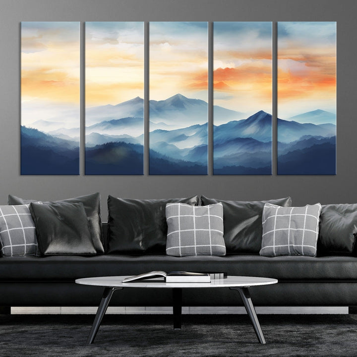 Sunset Foggy Mountain Wall Art, Abstract Landscape Canvas Print, Nature Painting, Modern Minimal Decor