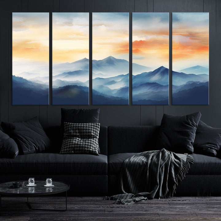 Sunset Foggy Mountain Wall Art, Abstract Landscape Canvas Print, Nature Painting, Modern Minimal Decor