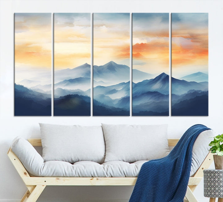 Sunset Foggy Mountain Wall Art, Abstract Landscape Canvas Print, Nature Painting, Modern Minimal Decor