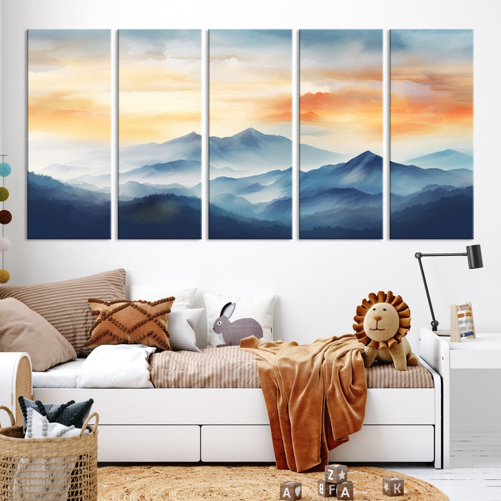 Sunset Foggy Mountain Wall Art, Abstract Landscape Canvas Print, Nature Painting, Modern Minimal Decor