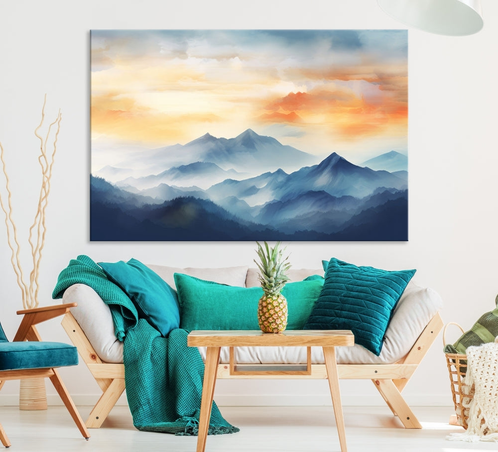 Sunset Foggy Mountain Wall Art, Abstract Landscape Canvas Print, Nature Painting, Modern Minimal Decor