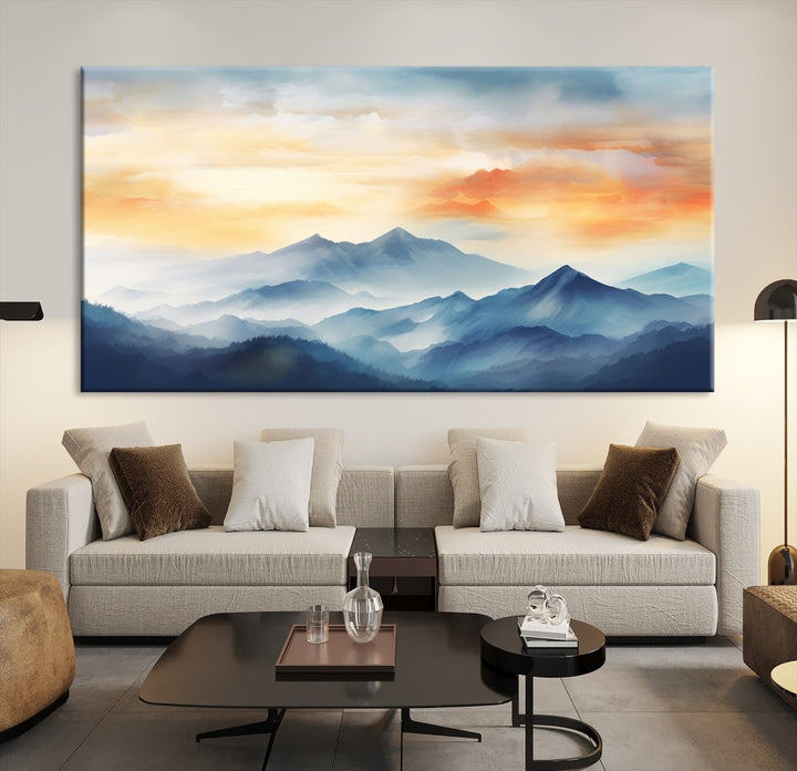 Sunset Foggy Mountain Wall Art, Abstract Landscape Canvas Print, Nature Painting, Modern Minimal Decor