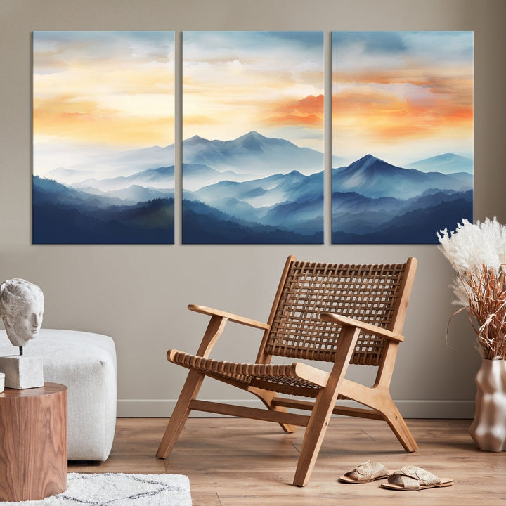 Sunset Foggy Mountain Wall Art, Abstract Landscape Canvas Print, Nature Painting, Modern Minimal Decor