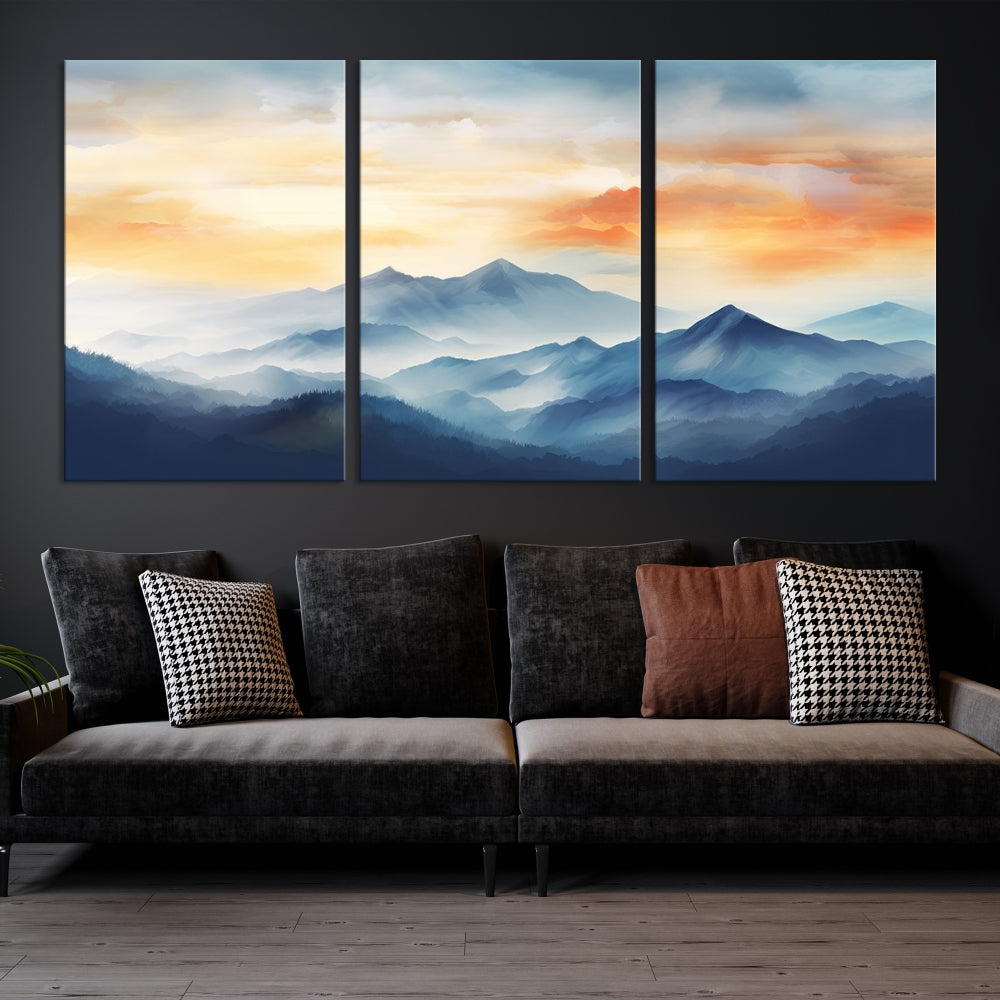 Sunset Foggy Mountain Wall Art, Abstract Landscape Canvas Print, Nature Painting, Modern Minimal Decor