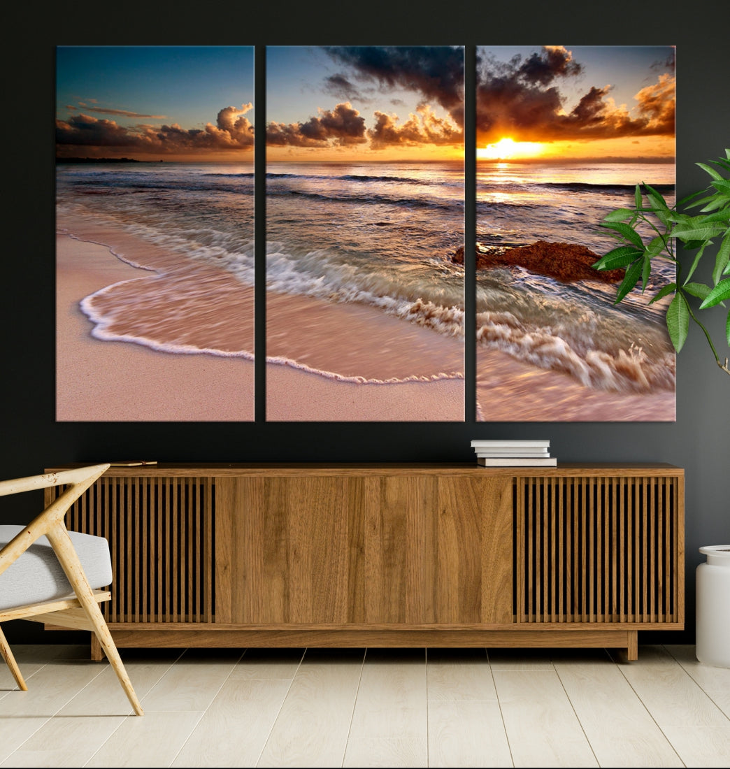 Sunset from the Beach Ocean Landscape Large Framed Wall Art Canvas Print