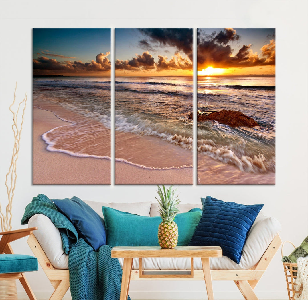 Sunset from the Beach Ocean Landscape Large Framed Wall Art Canvas Print