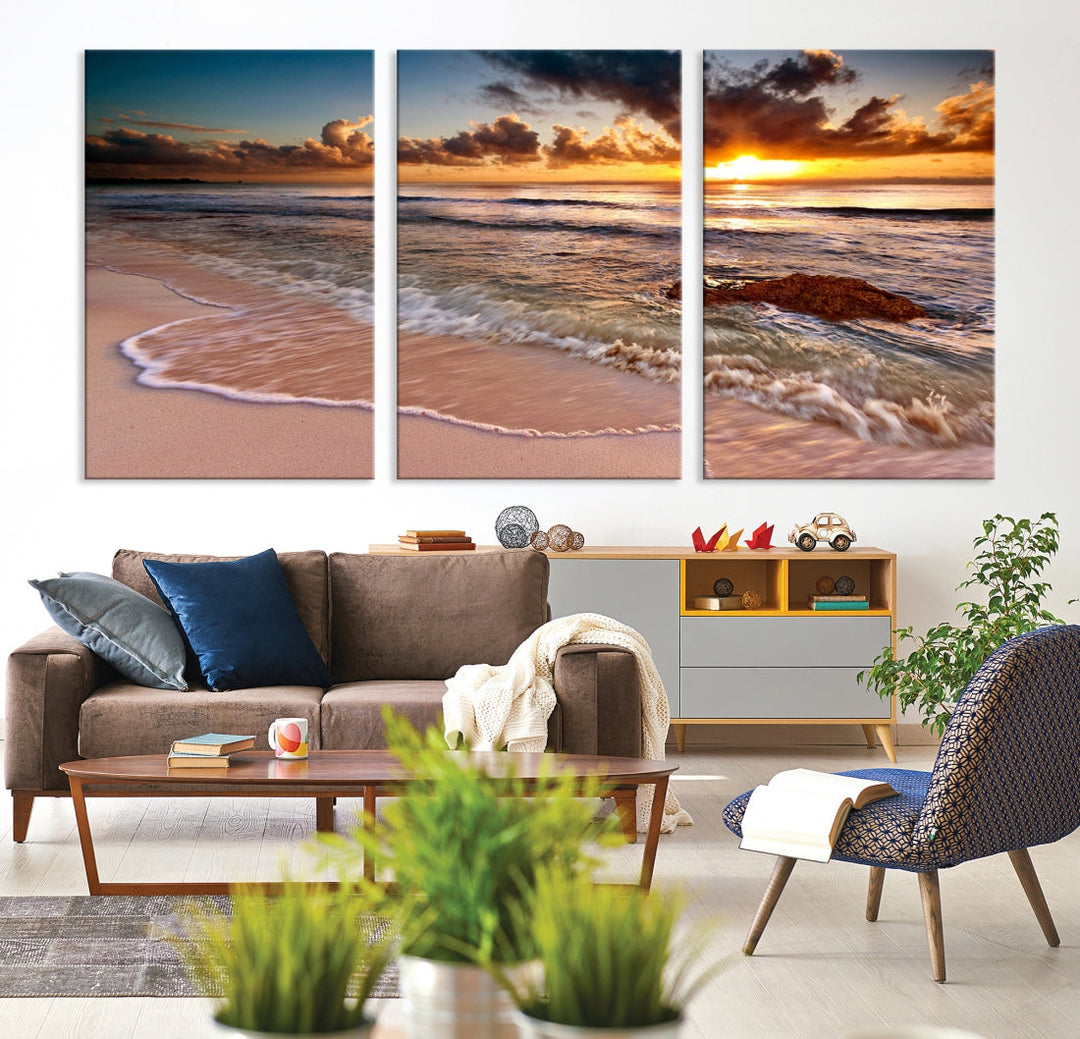 Sunset from the Beach Ocean Landscape Large Framed Wall Art Canvas Print