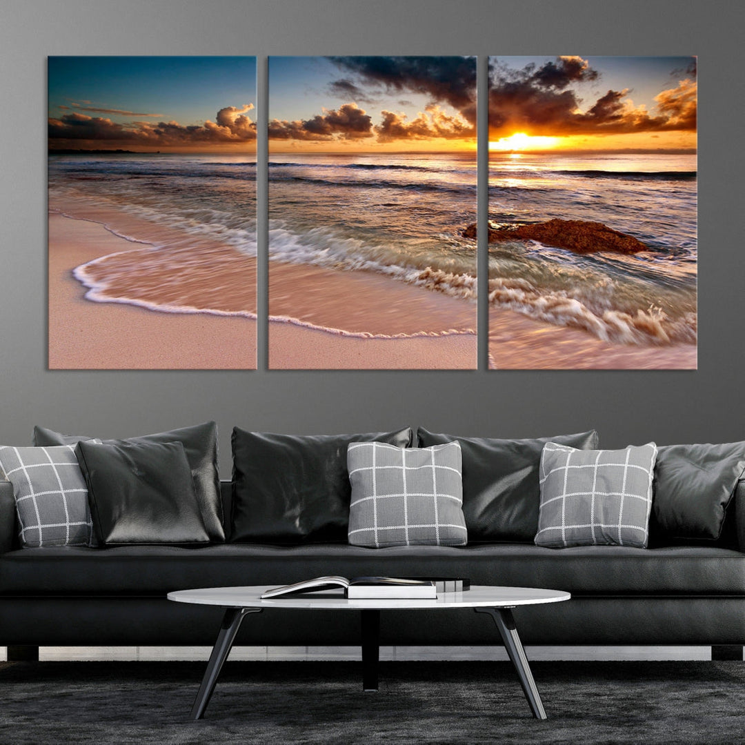 Sunset from the Beach Ocean Landscape Large Framed Wall Art Canvas Print