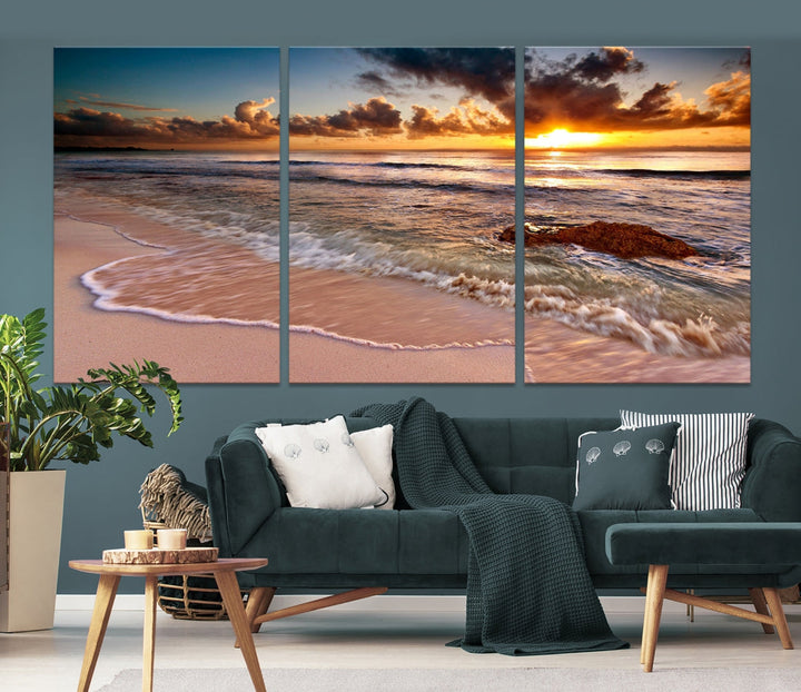 Sunset from the Beach Ocean Landscape Large Framed Wall Art Canvas Print