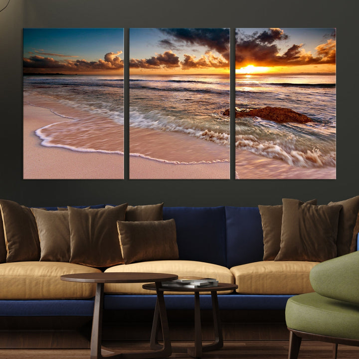 Sunset from the Beach Ocean Landscape Large Framed Wall Art Canvas Print