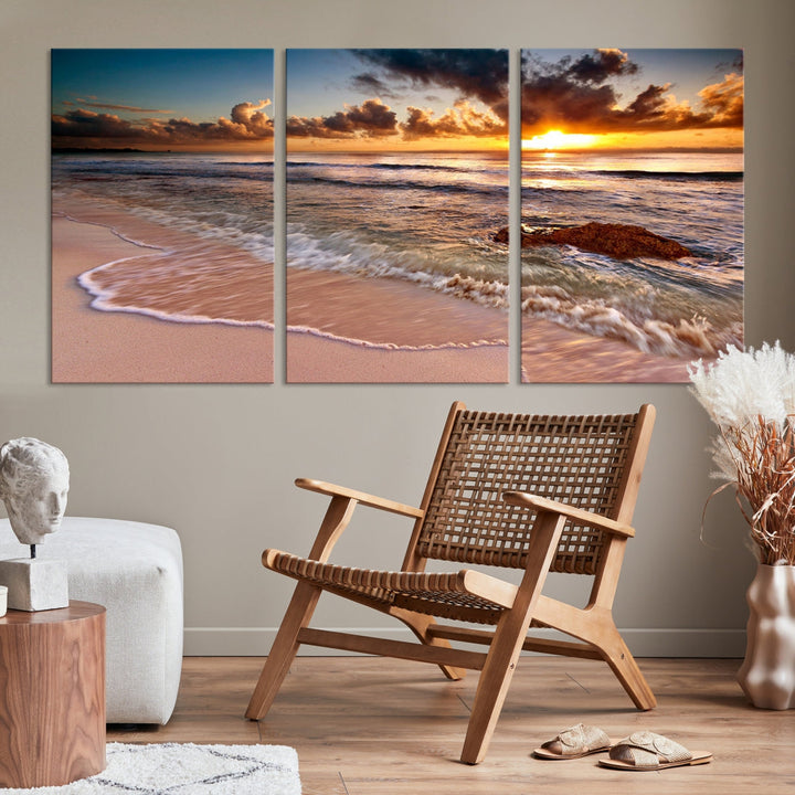 Sunset from the Beach Ocean Landscape Large Framed Wall Art Canvas Print