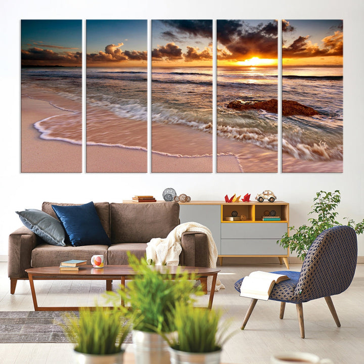 Sunset from the Beach Ocean Landscape Large Framed Wall Art Canvas Print