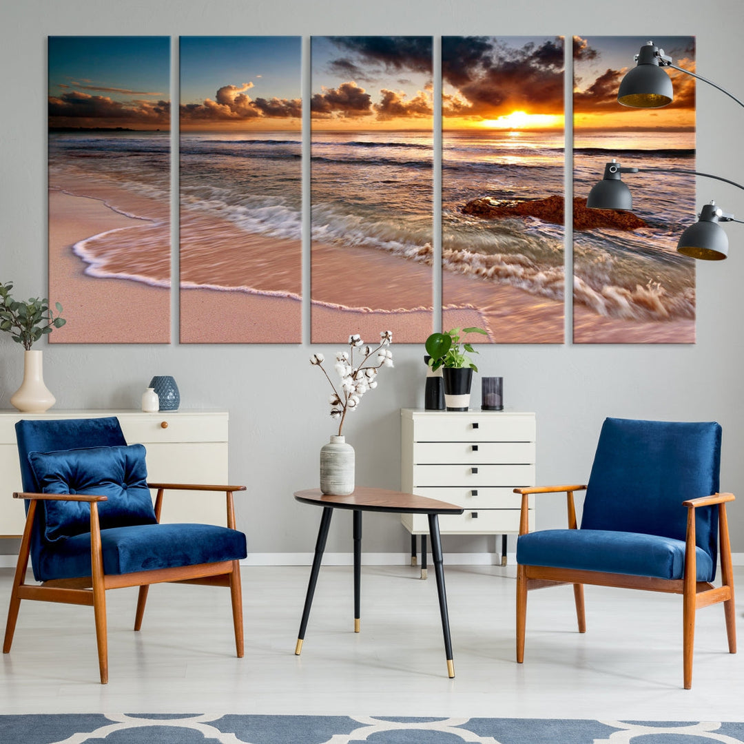 Sunset from the Beach Ocean Landscape Large Framed Wall Art Canvas Print