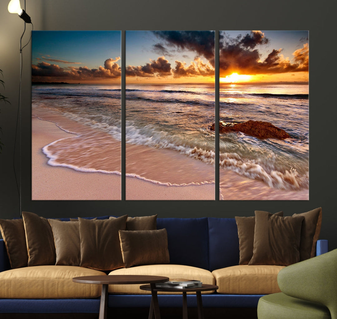 Sunset from the Beach Ocean Landscape Large Framed Wall Art Canvas Print