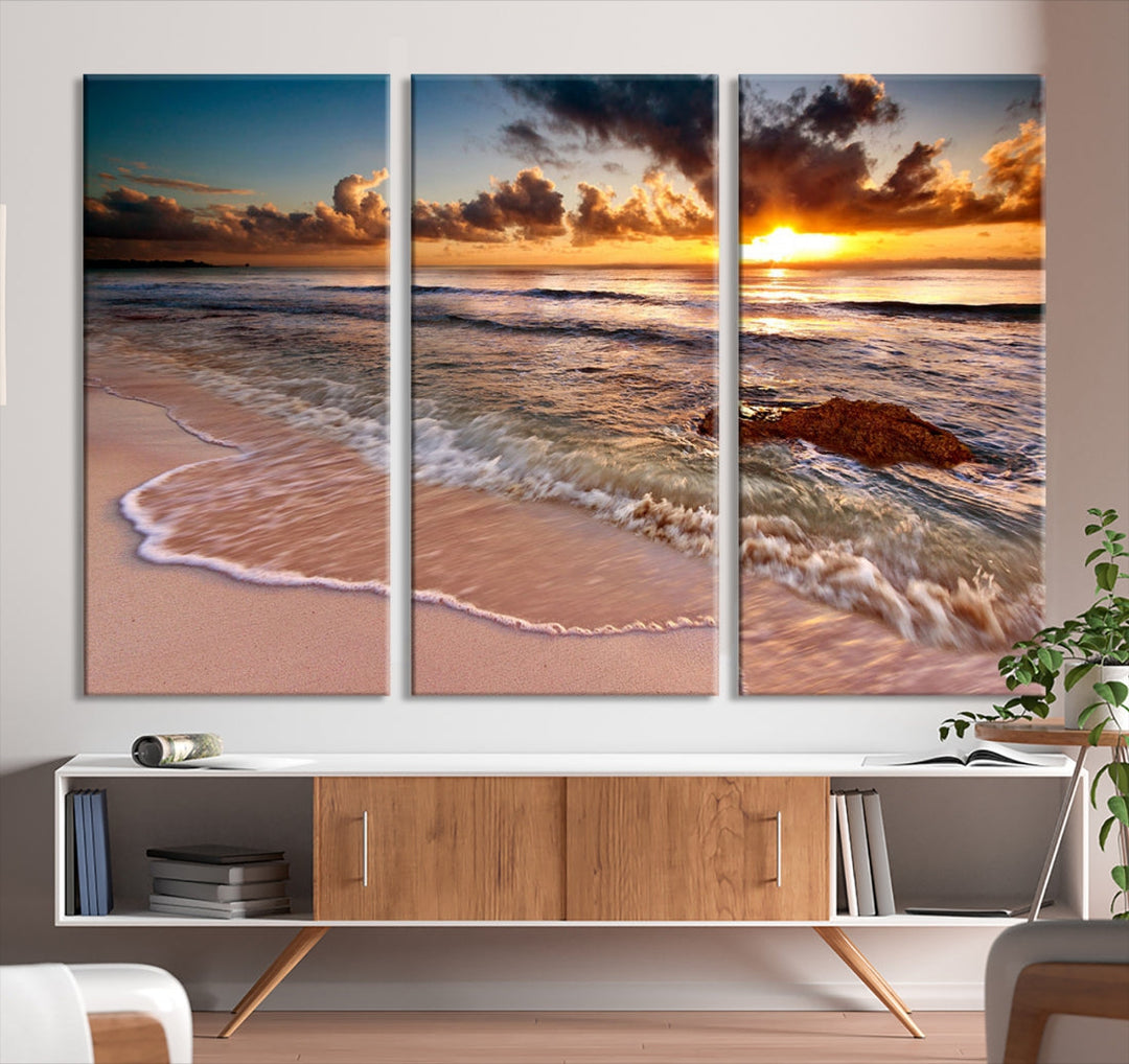 Sunset from the Beach Ocean Landscape Large Framed Wall Art Canvas Print