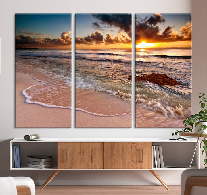 Sunset from the Beach Ocean Landscape Large Framed Wall Art Canvas Print