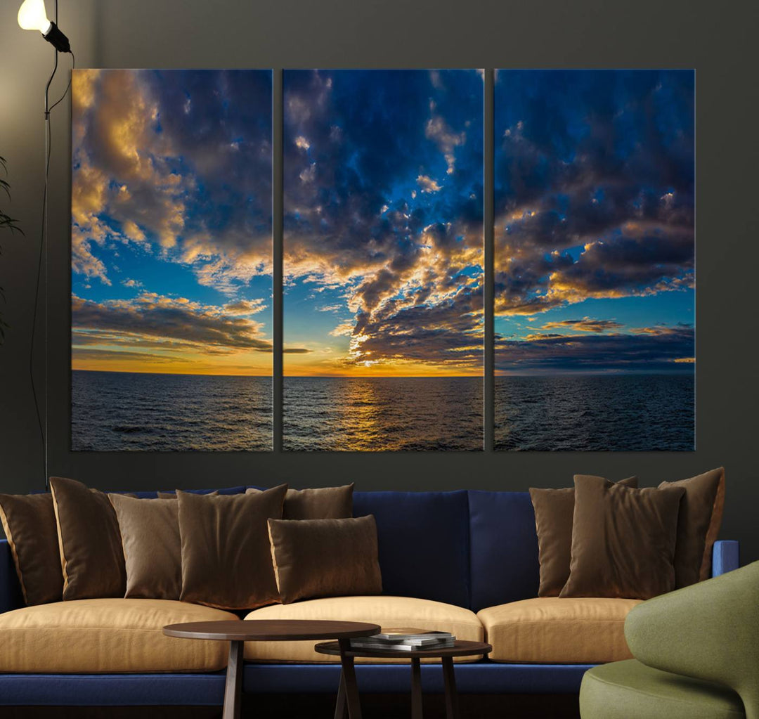 Sunset Ocean Horizon Canvas Wall Art - Serene Seascape for Dining Room, Living Room, or Office, Ready to Hang Premium Print