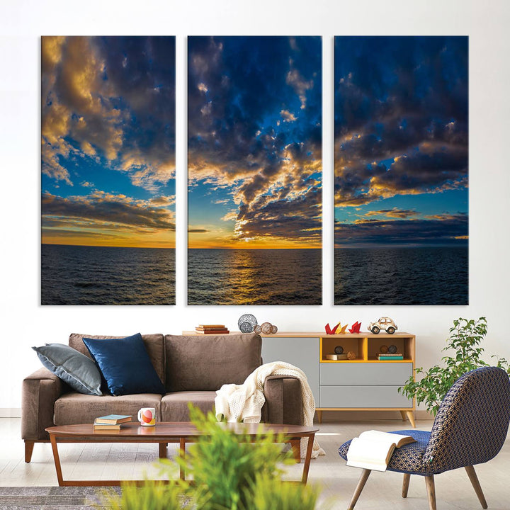 Sunset Ocean Horizon Canvas Wall Art - Serene Seascape for Dining Room, Living Room, or Office, Ready to Hang Premium Print